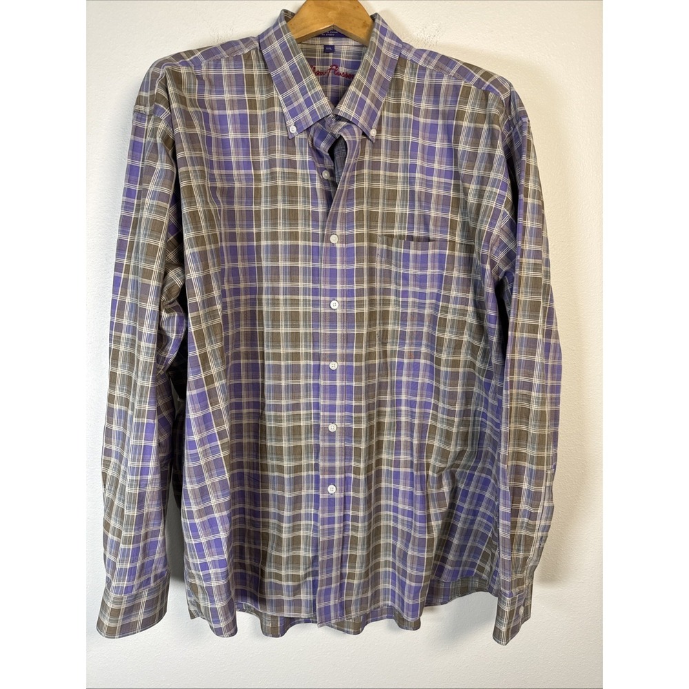 ALAN FLUSSER Men's‎ Size XXL Long Sleeve Button Down Plaid Shirt Purple Gray 2XL